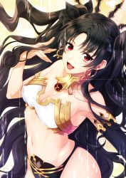 Rule 34 | 1girl, absurdres, aburi rare, armlet, asymmetrical sleeves, bare shoulders, bikini, black bow, black hair, blush, bow, breasts, cleavage, collarbone, detached sleeves, earrings, fate/grand order, fate (series), gold trim, hair bow, highleg, highleg bikini, highres, hoop earrings, ishtar (fate), jewelry, long hair, looking at viewer, medium breasts, navel, neck ring, open mouth, parted bangs, red eyes, single detached sleeve, smile, swimsuit, tiara, two side up, uneven sleeves