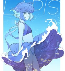 Rule 34 | 1girl, alien, bad id, bad pixiv id, blue dress, blue eyes, blue hair, blue skin, breasts, character name, clothes lift, colored skin, dress, dress lift, flat chest, foam, lapis lazuli (steven universe), looking at viewer, midriff, panties, pantyshot, pillarboxed, poti, ribbon, short hair, small breasts, solo, steven universe, striped clothes, striped panties, underwear, wind, wind lift