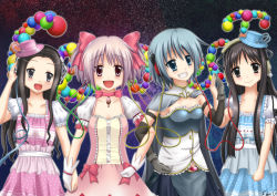 Rule 34 | 10s, 4girls, alice (claris), black eyes, black hair, blue eyes, blue hair, cable, clara (claris), claris (group), english text, hair ribbon, hat, headphones, highres, holding hands, kaname madoka, kenneth g, locked arms, magical girl, mahou shoujo madoka magica, mahou shoujo madoka magica (anime), miki sayaka, multiple girls, pink eyes, pink hair, ribbon, short hair, short twintails, signature, smile, soul gem, straight hair, twintails, wavy hair