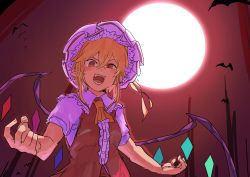 Rule 34 | 1girl, 3735geriragouki, :d, absurdres, ascot, bat (animal), blonde hair, blush, center frills, commentary request, crossed bangs, crystal, evil smile, flandre scarlet, foreshortening, frilled shirt collar, frills, from below, full moon, hair between eyes, hat, highres, looking at viewer, mob cap, moon, night, night sky, open mouth, pointy ears, red eyes, red vest, sidelocks, sky, smile, solo, teeth, touhou, upper body, v-shaped eyebrows, vest, white hat, wings, yellow ascot