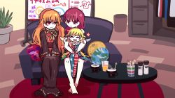 Rule 34 | 3girls, absurdres, american flag dress, american flag legwear, bad id, bad twitter id, black dress, blonde hair, carpet, closed eyes, clownpiece, commentary request, couch, cup, dress, drinking glass, drinking straw, earth (ornament), flower pot, hecatia lapislazuli, highres, ichirugi, indoors, junko (touhou), long hair, looking at another, moon (ornament), multiple girls, no headwear, orange hair, pantyhose, plant, red carpet, red eyes, red hair, sitting, smile, tabard, table, touhou, very long hair, wings