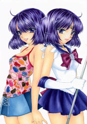 Rule 34 | 1girl, 2girls, bare shoulders, bishoujo senshi sailor moon, blue skirt, bob cut, bow, brooch, casual, choker, cowboy shot, cross-laced clothes, dual persona, elbow gloves, food, food print, gloves, highres, ice cream, light smile, miniskirt, multiple girls, multiple persona, ozaki mirai, parted lips, pleated skirt, purple bow, purple eyes, purple hair, purple skirt, sailor saturn, short hair, skirt, star brooch, time paradox, tomoe hotaru, traditional media, white background, white gloves