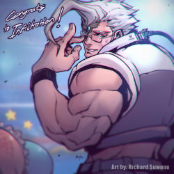 Rule 34 | 1boy, adjusting eyewear, alternate color, cable, charlie nash, commentary, congratulations, ethernet cable, evolution championship series, forehead jewel, fringe trim, glasses, infiltration, male focus, meme, muscular, richard suwono, rimless eyewear, silver hair, sleeveless, solo, stitches, street fighter, street fighter v, watch, wristwatch