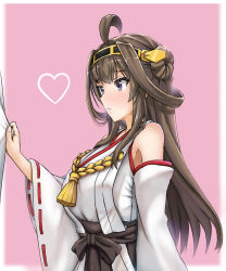 Rule 34 | 10s, 1girl, admiral (kancolle), ahoge, bare shoulders, brown hair, clothes grab, commentary request, detached sleeves, double bun, hairband, heart, highres, kantai collection, kongou (kancolle), long hair, looking at another, nezirinko, nontraditional miko, parted lips, pink background, purple eyes, sleeve grab, solo focus