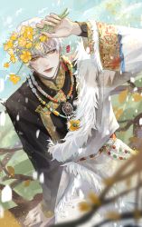 Rule 34 | 1boy, absurdres, arm support, chinese clothes, flower, hand up, highres, holding, holding flower, jewelry, light and night love, long sleeves, looking at viewer, male focus, miao clothes, qi sili, short hair, sitting, solo, sparkle, tassel, white hair, wind, xianyulynn, yellow flower