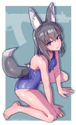 Rule 34 | 1girl, animal ear fluff, animal ears, bare arms, bare legs, bare shoulders, barefoot, between legs, black hair, blue one-piece swimsuit, brown eyes, closed mouth, desert (desel 1), full body, hair between eyes, hand between legs, highres, long hair, looking at viewer, one-piece swimsuit, original, sitting, smile, solo, swimsuit, tail, wariza