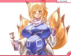 Rule 34 | 1girl, animal ears, blonde hair, blush, breasts, female focus, fox ears, fox tail, hand on another&#039;s chest, huge breasts, multiple tails, pregnant, sachito, short hair, solo, tail, touhou, white background, yakumo ran, yellow eyes