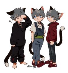 Rule 34 | 1boy, :3, animal collar, animal ear fluff, animal ears, artist name, baggy clothes, baggy pants, black collar, black pants, blue eyes, blue overalls, cat ears, cat tail, closed eyes, closed mouth, collar, commentary, crocs, deviidog0, ears down, full body, hand up, hands in pockets, highres, hood, hood down, hoodie, long sleeves, looking at viewer, male focus, multiple views, original, overalls, pants, red footwear, red hoodie, rubbing eyes, shirt, short eyebrows, simple background, sleepy, sleeves past wrists, squeans, symbol-only commentary, tail, twitter username, walking, white background, white shirt