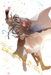 Rule 34 | 1boy, 1girl, absurdres, arm up, armor, boots, breastplate, brown dress, brown footwear, brown hair, cape, chinese commentary, chinese text, commentary request, confetti, covered eyes, dress, elden ring, floating cape, from side, full armor, full body, gauntlets, greaves, grey cloak, hand on another&#039;s back, highres, jumping, looking ahead, melina (elden ring), midair, one eye closed, open mouth, outstretched arm, parted lips, party popper, short hair, smile, taocan shisi hao, tarnished (elden ring), thigh boots, translation request, wavy hair, white background, white cape, wind, yellow eyes