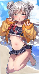 Rule 34 | 1girl, anklet, beach, blush, bow, braid, cloud, cloudy sky, collarbone, cumulonimbus cloud, double w, eyelashes, fingernails, frilled swimsuit, frills, grey eyes, grey hair, hair ornament, half-closed eyes, highres, hood, hood down, hooded jacket, jacket, jewelry, light particles, light rays, long eyelashes, long fingernails, long hair, looking at viewer, nail polish, navel, ocean, open clothes, open jacket, open mouth, orange jacket, original, outdoors, pink nails, plaid, plaid bow, red bow, sand, sandals, short twintails, skindentation, sky, sleeves past wrists, solo, swimsuit, toenail polish, toenails, trente, twintails, twitter username, w, zipper pull tab