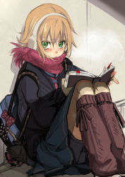 Rule 34 | 00s, 1girl, bad id, bad pixiv id, bag, bike shorts, blush, book, brown hair, casual, character doll, chia, cold, contemporary, earmuffs, frown, green eyes, leg warmers, looking up, raven (tales), rita mordio, scarf, short hair, sitting, skirt, solo, tales of (series), tales of vesperia