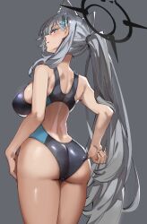 Rule 34 | 1girl, adjusting clothes, adjusting swimsuit, animal ear fluff, animal ears, ass, bare arms, bare legs, bare shoulders, blue archive, blue eyes, blush, breasts, competition swimsuit, cowboy shot, cross hair ornament, extra ears, from behind, grey background, grey hair, hair ornament, hairclip, halo, highres, large breasts, long hair, looking at viewer, looking back, multicolored clothes, multicolored swimsuit, official alternate costume, one-piece swimsuit, ponytail, shiroko (blue archive), shiroko (swimsuit) (blue archive), shiroko terror (blue archive), simple background, simplecar, solo, swimsuit, thighs, very long hair