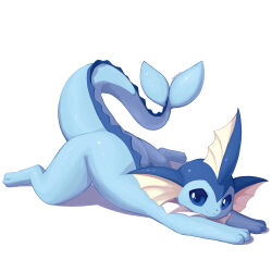 Rule 34 | absurdres, creatures (company), full body, game freak, gen 1 pokemon, highres, looking at viewer, lying, nevedoodle, nintendo, no humans, on stomach, pokemon, pokemon (creature), simple background, solo, vaporeon, white background
