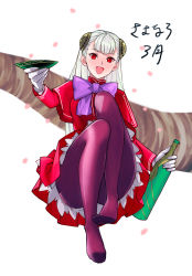 Rule 34 | 1girl, :d, alcohol, alternate color, bottle, bow, capcom fighting jam, cup, dress, feet, gloves, hair bow, hairpods, highres, holding, ingrid (capcom), legs, long hair, looking at viewer, no shoes, open mouth, pantyhose, petals, player 2, purple pantyhose, red dress, red eyes, sakazuki, sake, sake bottle, smile, solo, tetsu (kimuchi), thick thighs, thighs, white gloves, white hair