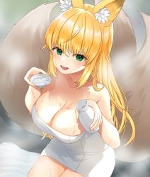 Rule 34 | 1girl, ahoge, alcohol, animal ear fluff, animal ears, bare arms, bare shoulders, bath, blonde hair, blush, bottle, breasts, cleavage, collarbone, commentary request, cup, fang, fox ears, fox girl, fox tail, from above, green eyes, holding, holding bottle, holding cup, indie virtual youtuber, large breasts, long hair, looking at viewer, naked towel, open mouth, original, sakazuki, sake, sake bottle, shimonose rina, sitting, skin fang, smile, solo, steam, tail, teltelhousi, tokkuri, towel, virtual youtuber, wet, white towel
