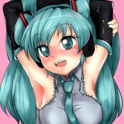 Rule 34 | 1girl, armpits, arms up, blush, detached sleeves, green eyes, green hair, haruhisky, hatsune miku, headphones, matching hair/eyes, necktie, open mouth, solo, vocaloid