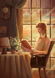 Rule 34 | 1boy, absurdres, blonde hair, blue eyes, book, braid, chair, clock, collared shirt, cup, curtains, faux traditional media, flower, giorno giovanna, highres, holding, holding book, indoors, jojo no kimyou na bouken, koha (xxkohaku), lamp, light rays, long hair, looking down, male focus, ocean, painting (medium), parted lips, photo (object), reading, round table, shirt, sitting, solo, sunset, table, tablecloth, teacup, traditional media, vase, vento aureo, wall clock, window