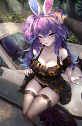 Rule 34 | 1boy, 1girl, absurdres, animal ears, black panties, black thighhighs, blue eyes, blush, breasts, car, cleavage, clothes lift, cottontail (vtuber), dress, dress lift, fingernails, hair between eyes, hand on another&#039;s head, heterochromia, highres, indie virtual youtuber, large breasts, lifting own clothes, long hair, looking at viewer, low wings, motor vehicle, panties, porsche, porsche 911, pov, purple eyes, purple hair, rabbit ears, sainty, sharp fingernails, sitting, solo focus, thighhighs, underwear, virtual youtuber, wings