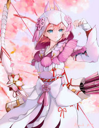 Rule 34 | 1girl, absurdres, armor, artist request, bare shoulders, breasts, cherry blossoms, detached sleeves, fox mask, highres, holding, holding weapon, hood, japanese clothes, looking at viewer, mask, mizutsune (armor), monster hunter (series), monster hunter rise, parted lips, short hair, simple background, solo, thighhighs, weapon