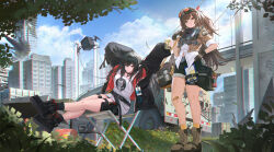 Rule 34 | 2girls, absurdres, arknights, arms up, bag, bandaid, bandaid on knee, bandaid on leg, black footwear, black hair, black jacket, black shorts, black socks, boots, box, bridge, brown footwear, brown hair, building, car, chair, cityscape, closure (arknights), cloud, cloudy sky, commission, crossover, cup, drone, full body, girls&#039; frontline, girls&#039; frontline 2: exilium, github, gloves, goggles, goggles on head, hair between eyes, hand on own hip, highres, holding, holding cup, id card, jacket, lan liyu renzi, lanyard, lens flare, logo parody, long hair, looking at viewer, mayling shen (girls&#039; frontline 2), motor vehicle, multiple girls, open clothes, open jacket, outdoors, pointy ears, red eyes, red jacket, scenery, second-party source, shirt, shorts, sitting, sky, smile, socks, thighs, traffic cone, two-sided fabric, two-sided jacket, white shirt