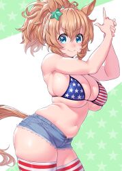 Rule 34 | 1girl, alternate costume, american flag bikini, animal ears, bare arms, bare shoulders, bikini, bikini top only, blue eyes, blue shorts, blush, bow, breasts, brown hair, commentary request, cowboy shot, curvy, denim, denim shorts, finger gun, flag print, hair between eyes, hair bow, hair ornament, highres, horse ears, horse girl, horse tail, index finger raised, large breasts, long hair, looking at viewer, midriff, muffin top, navel, onsoku inu, plump, ponytail, short shorts, shorts, simple background, smile, solo, star (symbol), string bikini, striped bikini, striped clothes, striped thighhighs, swimsuit, taiki shuttle (umamusume), tail, thighhighs, thighs, umamusume, white background