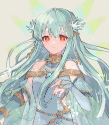 Rule 34 | 1girl, bare shoulders, blue hair, bridal gauntlets, circlet, closed mouth, dress, fes4, fire emblem, fire emblem: the blazing blade, fire emblem heroes, long hair, looking at viewer, ninian (fire emblem), ninian (ice-dragon oracle) (fire emblem), nintendo, official alternate costume, red eyes, sleeveless, sleeveless dress, solo, upper body, veil