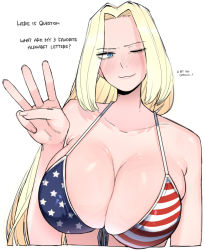Rule 34 | 1girl, america (ohasi), american flag, american flag print, bare arms, bare shoulders, bikini, blonde hair, blue eyes, blush, breasts, cleavage, collarbone, english text, flag print, large breasts, long hair, ohasi, one eye closed, original, parted bangs, shiny skin, solo, striped bodysuit, sweat, swimsuit, upper body