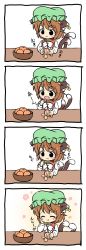 Rule 34 | 1girl, 4koma, :3, :t, ^ ^, animal ears, brown hair, cat ears, cat tail, chen, closed eyes, comic, commentary request, earrings, eating, fang, food, fruit, green hat, hand on own cheek, hand on own face, hat, highres, jewelry, long sleeves, mandarin orange, mob cap, multiple tails, nekomata, pila-pela, short hair, silent comic, single earring, solo, tail, touhou, two tails