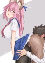 Rule 34 | 1boy, 1girl, anho, animal ear fluff, animal ears, black hair, black pantyhose, blue sash, blue skirt, blush, breasts, clothes lift, ear blush, fang, fate/grand order, fate (series), fox ears, fox girl, fox tail, from side, fujimaru ritsuka (male), grey hair, large breasts, long hair, looking at viewer, looking to the side, neckerchief, orange eyes, panties, panties under pantyhose, pantyhose, pantyshot, pink hair, purple panties, red neckerchief, sash, school uniform, serafuku, shirt, shoes, signature, skirt, solo focus, standing, tail, tamamo (fate), tamamo no mae (fate/extra), thighband pantyhose, two-tone background, underwear, upskirt, wavy mouth, white shirt