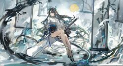 Rule 34 | 1girl, absurdres, arknights, bamboo, bare legs, bare tree, black hair, breasts, dusk (arknights), full moon, highres, horns, japanese clothes, kimono, long hair, long sleeves, looking at viewer, medium breasts, mento, moon, outdoors, pointy ears, sash, sitting, solo, splashing, sword, thighs, tree, very long hair, water, weapon, wide sleeves