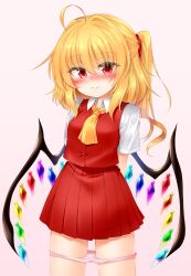 Rule 34 | 1girl, :d, ahoge, arms behind back, ascot, blush, breasts, closed mouth, commentary request, cowboy shot, crystal, fang, fang out, flandre scarlet, grey background, highres, looking at viewer, marukyuu ameya, medium breasts, medium hair, no headwear, one side up, open mouth, panties, petite, pleated skirt, red eyes, red skirt, red vest, short sleeves, simple background, skin fang, skirt, skirt set, smile, solo, textless version, touhou, underwear, vest, wing collar, wings, yellow ascot