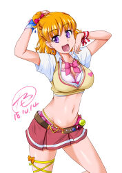 Rule 34 | 1girl, alternate costume, amesuku gyaru, arm up, artist name, asahina mirai, belt, black belt, blonde hair, bow, bowtie, bra, breasts, collared shirt, commentary, cowboy shot, cropped shirt, cropped sweater, dated, earrings, groin, gyaru, hand on own head, heart belt, highres, jewelry, kogal, looking at viewer, mahou girls precure!, medium breasts, microskirt, midriff, navel, one side up, open mouth, pink bow, pink bowtie, pleated skirt, precure, purple eyes, red skirt, ribbon, shirt, short hair, signature, simple background, skirt, smile, solo, standing, star (symbol), star earrings, sweater vest, tamo (nama-yatsuhashi), thigh strap, underwear, white background, white bra, white shirt, wrist ribbon, yellow sweater vest
