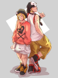 Rule 34 | 1boy, 1girl, back-to-back, beanie, bell, bitou daisukenojou, bitou raimu, blonde hair, brother and sister, cargo pants, chain necklace, closed eyes, eyebrows, hand in pocket, hands in pockets, hat, highres, jewelry, necklace, orange shirt, pants, pointing, pointing at self, shirt, siblings, skull necklace, skull print, sleeveless, sleeveless shirt, smile, subarashiki kono sekai, white shirt
