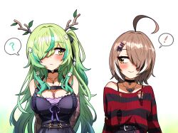 Rule 34 | !, 2girls, ?, ahoge, alternate hairstyle, antlers, bare shoulders, belt, belt buckle, black belt, black choker, black hair, black ribbon, black sweater, blue hair, blush, bow, breasts, brown eyes, brown hair, buckle, ceres fauna, ceres fauna (goth), chest harness, choker, cleavage, closed mouth, collarbone, commentary, ddolbang, detached sleeves, dress, english commentary, eyelashes, flower, frown, gradient hair, green hair, hair bow, hair flower, hair intakes, hair ornament, hair over one eye, hair ribbon, hairclip, hairstyle switch, harness, heart, heart choker, heart pendant, highres, hololive, hololive english, horns, jewelry, lace-trimmed choker, lace sleeves, lace trim, large breasts, long hair, long sleeves, looking at another, multicolored hair, multiple girls, nanashi mumei, nanashi mumei (emo), necklace, o-ring, o-ring choker, off-shoulder sweater, off shoulder, official alternate costume, one eye covered, one side up, parted bangs, pendant, pendant choker, purple bow, purple dress, purple ribbon, red sweater, ribbon, short hair, sidelocks, sideways glance, simple background, smile, speech bubble, spoken exclamation mark, spoken question mark, strapless, strapless dress, streaked hair, striped clothes, striped sweater, sweater, swept bangs, torn clothes, torn sweater, tree horns, two-tone sweater, upper body, very long hair, virtual youtuber, white background, white flower, white hair, yellow eyes