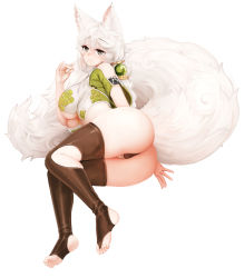 Rule 34 | 1girl, animal ear fluff, animal ears, ass, barbariank, bare shoulders, black panties, black thighhighs, braid, breasts, brown eyes, cloud print, commentary, english commentary, fox ears, fox girl, fox shadow puppet, fox tail, full body, highres, kantai collection, kemonomimi mode, large breasts, large tail, long hair, lying, no shoes, on side, panties, short sleeves, simple background, single braid, smile, solo, stirrup legwear, tail, thighhighs, toeless legwear, toes, underboob, underwear, unryuu (kancolle), white background, white hair