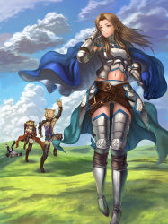Rule 34 | &gt; &lt;, 10s, 1boy, 3girls, :d, = =, angry, arm behind head, armor, armored boots, belt, belt skirt, black bow, blonde hair, blue sky, boots, bow, breasts, brown footwear, brown hair, cape, chasing, cleavage, cloud, day, erune, closed eyes, falling, farrah (granblue fantasy), gauntlets, gluteal fold, granblue fantasy, grass, grey footwear, groin, hair bow, katalina (granblue fantasy), leg up, long hair, lowain (granblue fantasy), lying, multiple girls, navel, on stomach, open mouth, orange eyes, outdoors, overskirt, panties, pantyshot, parted lips, ponytail, red eyes, rooain, running, shaded face, siblings, sisters, sky, smile, standing, thigh boots, thighhighs, underwear, vira (granblue fantasy), walking, white panties, wolfedge