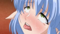 Rule 34 | ahegao, animated, animated gif, blue hair, character request, inyutsu no yakata the animation, looping animation, pointy ears, screencap, short hair