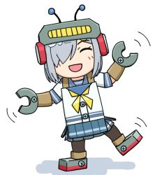 Rule 34 | 1girl, commentary request, cosplay, closed eyes, facing viewer, grey skirt, hair ornament, hair over one eye, hairclip, hama! (3toshinhmkz), hamakaze (kancolle), kantai collection, pleated skirt, robot, school uniform, serafuku, short hair, silver hair, simple background, skirt, smile, solo, standing, white background