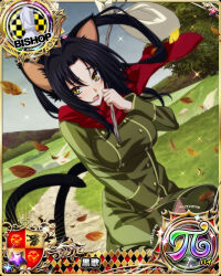 Rule 34 | 1girl, animal ears, bishop (chess), black hair, breasts, card (medium), cat ears, cat girl, cat tail, chess piece, coat, female focus, high school dxd, kuroka (high school dxd), large breasts, multiple tails, official art, open mouth, purple lips, red scarf, scarf, slit pupils, solo, tail, yellow eyes
