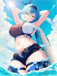 Rule 34 | 1girl, absurdres, adapted costume, alternate costume, armpits, arms up, black hairband, black thighhighs, blue hair, blue sky, boots, breasts, cloud, cloudy sky, crop top, day, eula (genshin impact), genshin impact, hairband, high-waist shorts, highres, large breasts, looking at viewer, luxurious sea-lord, multicolored eyes, navel, short shorts, shorts, sky, solo, sun, sunlight, thigh boots, thighhighs, water, yu tsujihara y3