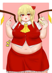 Rule 34 | 1girl, absurdres, belly, blonde hair, blush, border, breasts, buttons, cake, commentary request, cowboy shot, crystal, fat, flandre scarlet, food, food on face, hair between eyes, head tilt, highres, holding, holding cake, holding food, large breasts, long hair, looking at viewer, midriff, navel, notice lines, obese, open mouth, outside border, pink background, red eyes, red skirt, short sleeves, simple background, skirt, solo, straight-on, tareme, thick arms, thick thighs, thighs, touhou, we (bose-f), white border, wing collar, wings