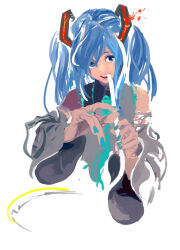 Rule 34 | 1girl, abstract, aqua necktie, bare shoulders, blue eyes, blue hair, blue nails, commentary request, cropped torso, detached sleeves, e eel, grey shirt, grey sleeves, hair ornament, hair over one eye, hands up, hatsune miku, highres, holding, long fingers, long hair, looking at viewer, mouth hold, necktie, open mouth, shirt, simple background, sleeveless, sleeveless shirt, smile, solo, splatter, teeth, twintails, upper teeth only, vocaloid, white background, wide sleeves