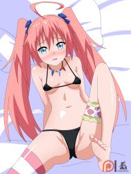 Rule 34 | 10s, 1girl, absurdres, ahoge, artist logo, bed, bikini, black bikini, blue eyes, blush, breasts, fang, feet, highres, indexryo, jewelry, leg lift, long hair, looking at viewer, lying, micro bikini, milim nava, necklace, partially visible vulva, patreon logo, pink hair, small breasts, solo, spread legs, striped clothes, striped thighhighs, swimsuit, tensei shitara slime datta ken, thighhighs, thighs, toes, twintails, underboob, very long hair, watermark