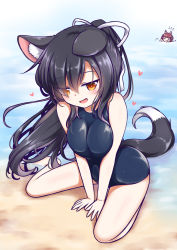 Rule 34 | 2girls, :d, @ @, animal ears, asphyxiation, azur lane, bare arms, bare legs, beach, black hair, commentary, day, dog ears, dog tail, drowning, heart, hestia (neko itachi), kemonomimi mode, looking at viewer, multiple girls, ocean, open mouth, orange eyes, ponytail, red hair, sand, school swimsuit, shigure (attack i-490!) (azur lane), shigure (azur lane), shiratsuyu (azur lane), short twintails, sitting, smile, swimsuit, tail, twintails, wariza