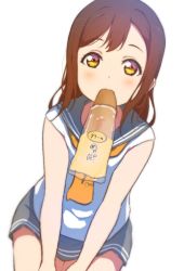 Rule 34 | 10s, 1girl, bad id, bad pixiv id, bread, brown hair, food, food in mouth, highres, icehotmilktea, kunikida hanamaru, long hair, looking at viewer, love live!, love live! sunshine!!, mouth hold, multicolored eyes, neckerchief, official style, purple eyes, school uniform, serafuku, simple background, sitting, skirt, solo, tie clip, white background, yellow eyes