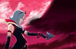 Rule 34 | 1girl, black coat, black gloves, black hairband, bracelet, breasts, cloud, coat, eas (fresh precure!), elbow gloves, fresh precure!, frilled gloves, frills, from side, fuchi (nightmare), gloves, hairband, holding, jewelry, long hair, medium breasts, moon, open mouth, parted bangs, pink moon, pink sky, precure, red eyes, silver hair, sky, sleeveless, sleeveless coat, solo, standing