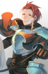 Rule 34 | 1boy, armor, cape, fire emblem, fire emblem: the sacred stones, gloves, gradient background, grey background, hatomame, male focus, nintendo, red eyes, red hair, seth (fire emblem), solo