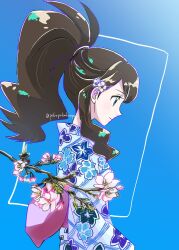Rule 34 | 1girl, alternate costume, blue background, blue eyes, branch, brown hair, closed mouth, commentary request, creatures (company), eyelashes, floral print, flower, from side, game freak, hair flower, hair ornament, high ponytail, highres, hilda (pokemon), japanese clothes, kimono, looking down, nintendo, pink flower, pokemon, pokemon bw, pokepokekonpeki, sidelocks, smile, solo, twitter username, upper body, watermark, white kimono