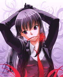Rule 34 | 1girl, arms behind head, arms up, artist logo, black gloves, black hair, black jacket, black suit, black vest, breasts, collared shirt, eladb art, floral background, flower, flower in mouth, formal, gloves, highres, inoue takina, jacket, long hair, long sleeves, looking at viewer, lycoris recoil, medium breasts, mouth hold, necktie, open clothes, open jacket, ponytail, purple eyes, red necktie, shirt, solo, spider lily, suit, suit jacket, upper body, vest, white shirt
