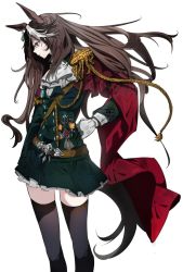 Rule 34 | 1girl, animal ears, arm at side, belt, black thighhighs, brown hair, cape, coat, earrings, epaulettes, feet out of frame, floating hair, glint, gloves, green coat, hand on own hip, head down, highres, horse ears, horse girl, horse tail, ikurauni, ascot, jewelry, long hair, long sleeves, looking to the side, medal, multicolored hair, profile, red cape, simple background, single earring, single epaulette, solo, standing, symboli rudolf (umamusume), tail, thighhighs, umamusume, white background, white gloves